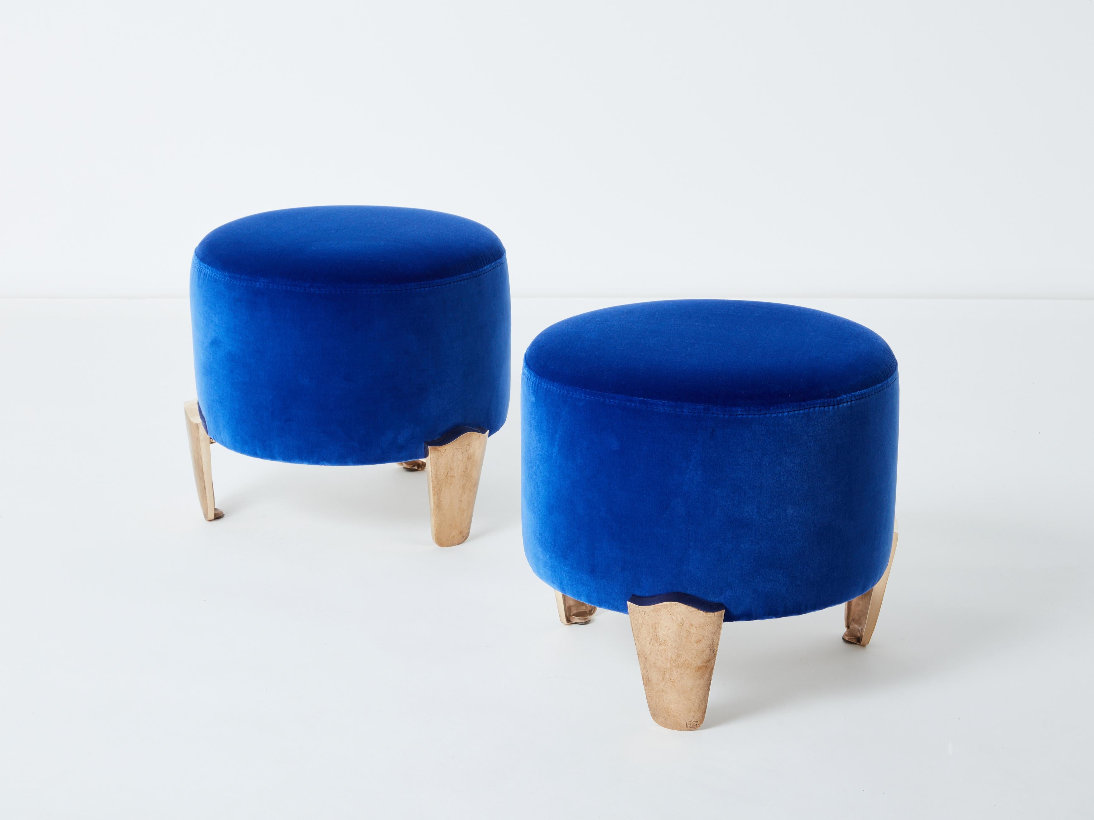 This is a beautiful pair of stools by Elizabeth Garouste & Mattia Bonetti, model Koala, with solid bronze feet, fully restored and reupholstered. Garouste & Bonetti began their collaboration and gained global recognition for their interior design of