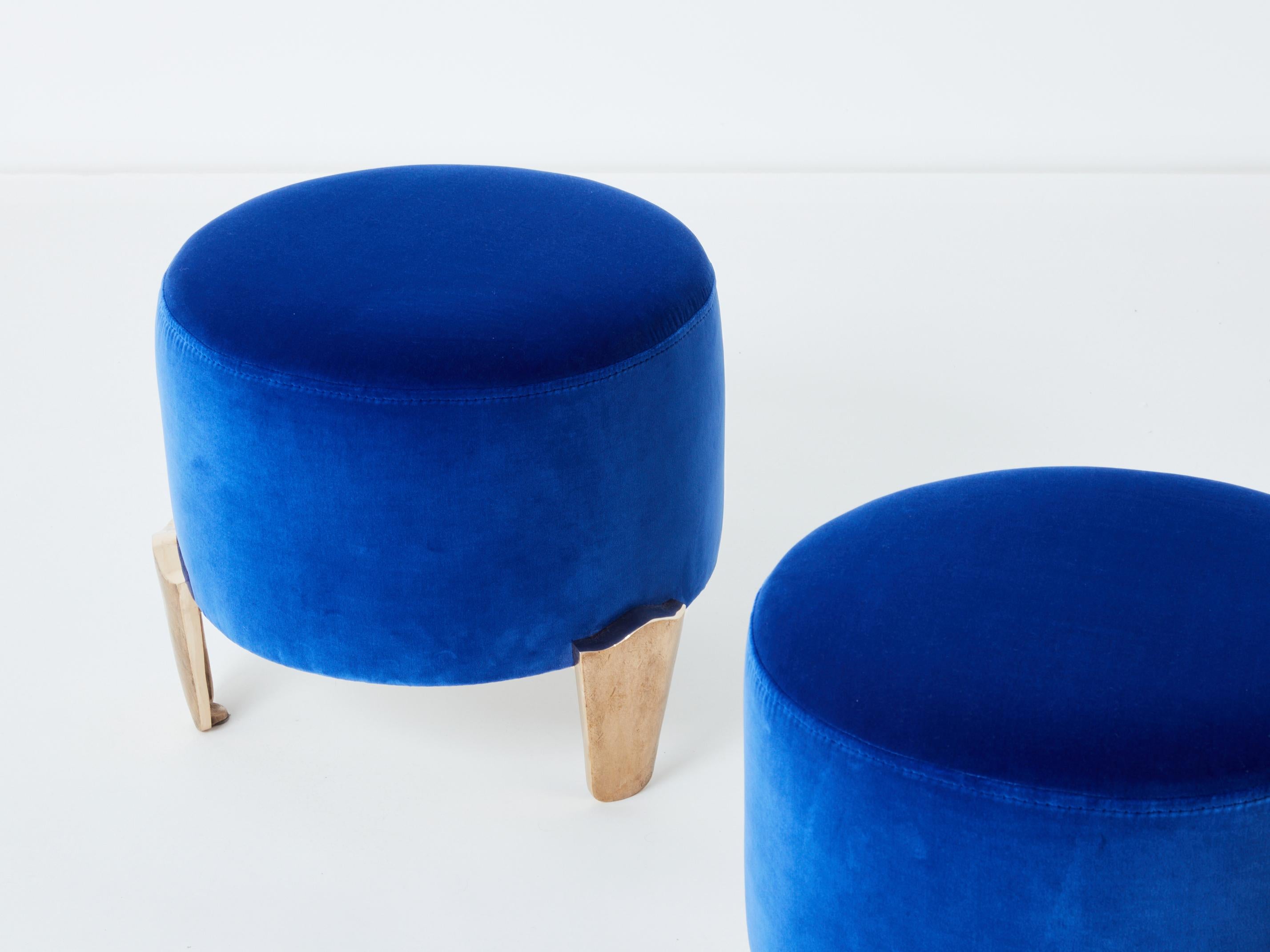 Modern Pair of stools Garouste & Bonetti ‘Koala’ bronze royal blue velvet 1995 For Sale
