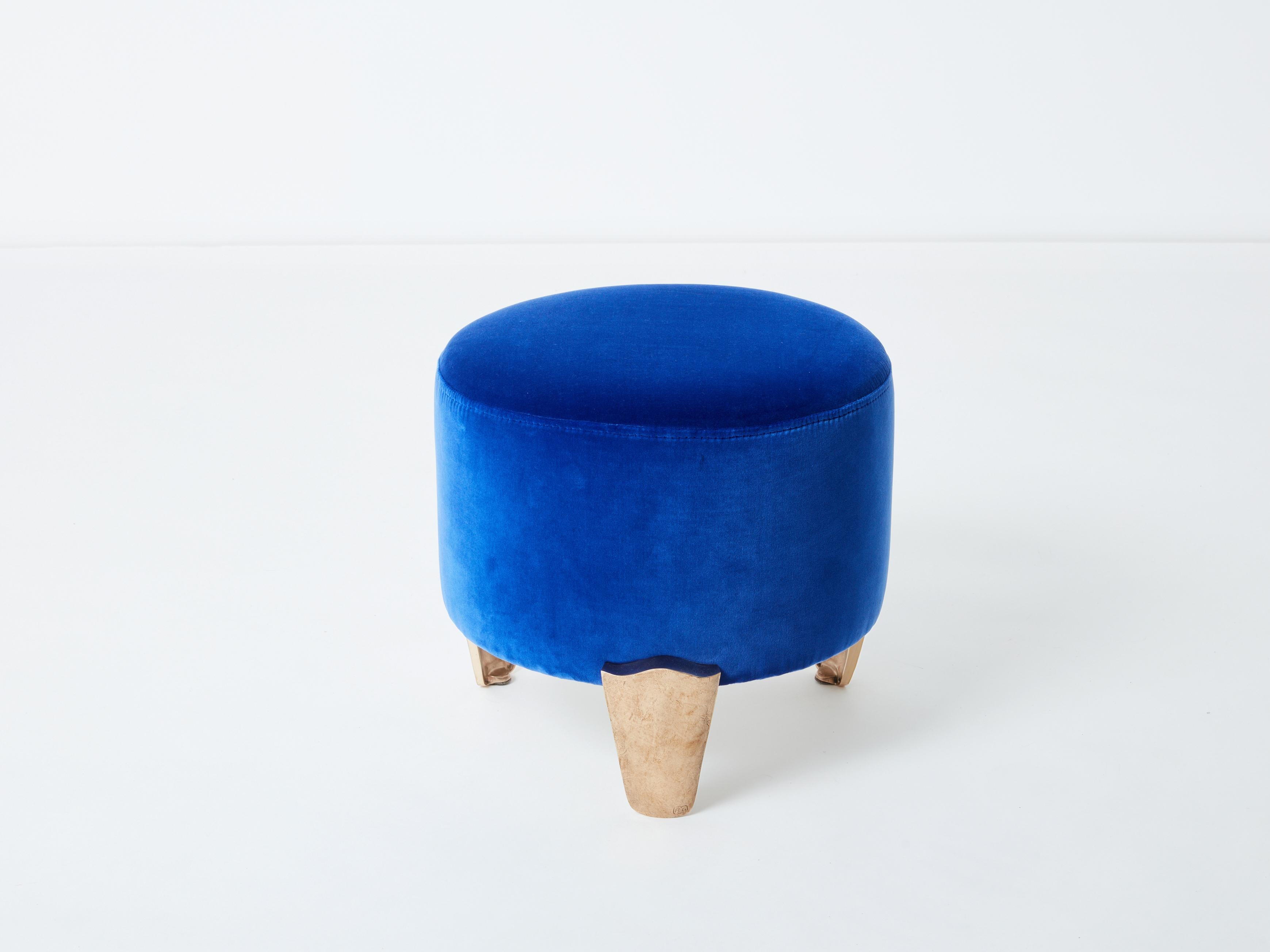 Pair of stools Garouste & Bonetti ‘Koala’ bronze royal blue velvet 1995 For Sale 1