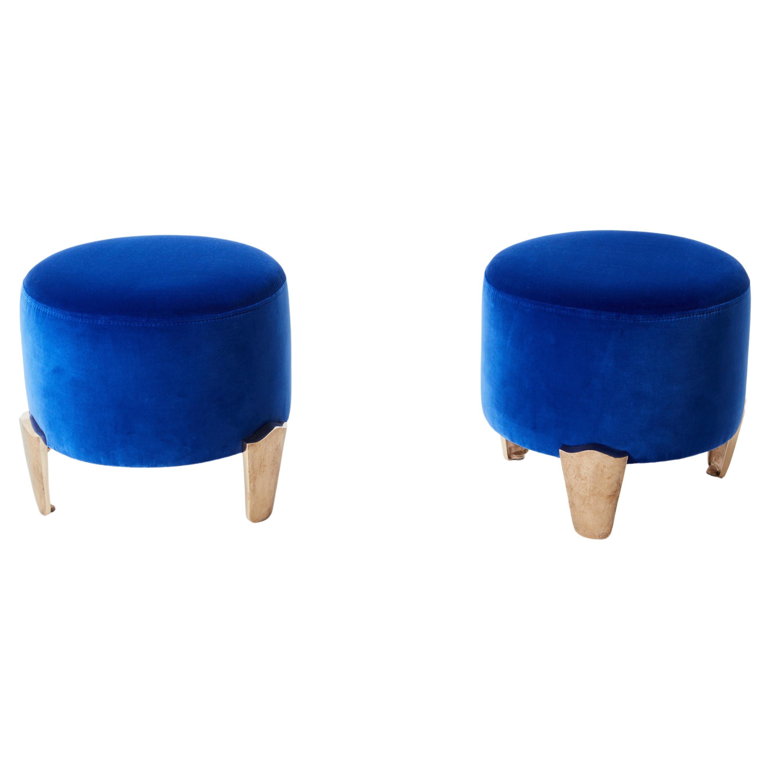 Pair of stools Garouste & Bonetti ‘Koala’ bronze royal blue velvet 1995 For Sale