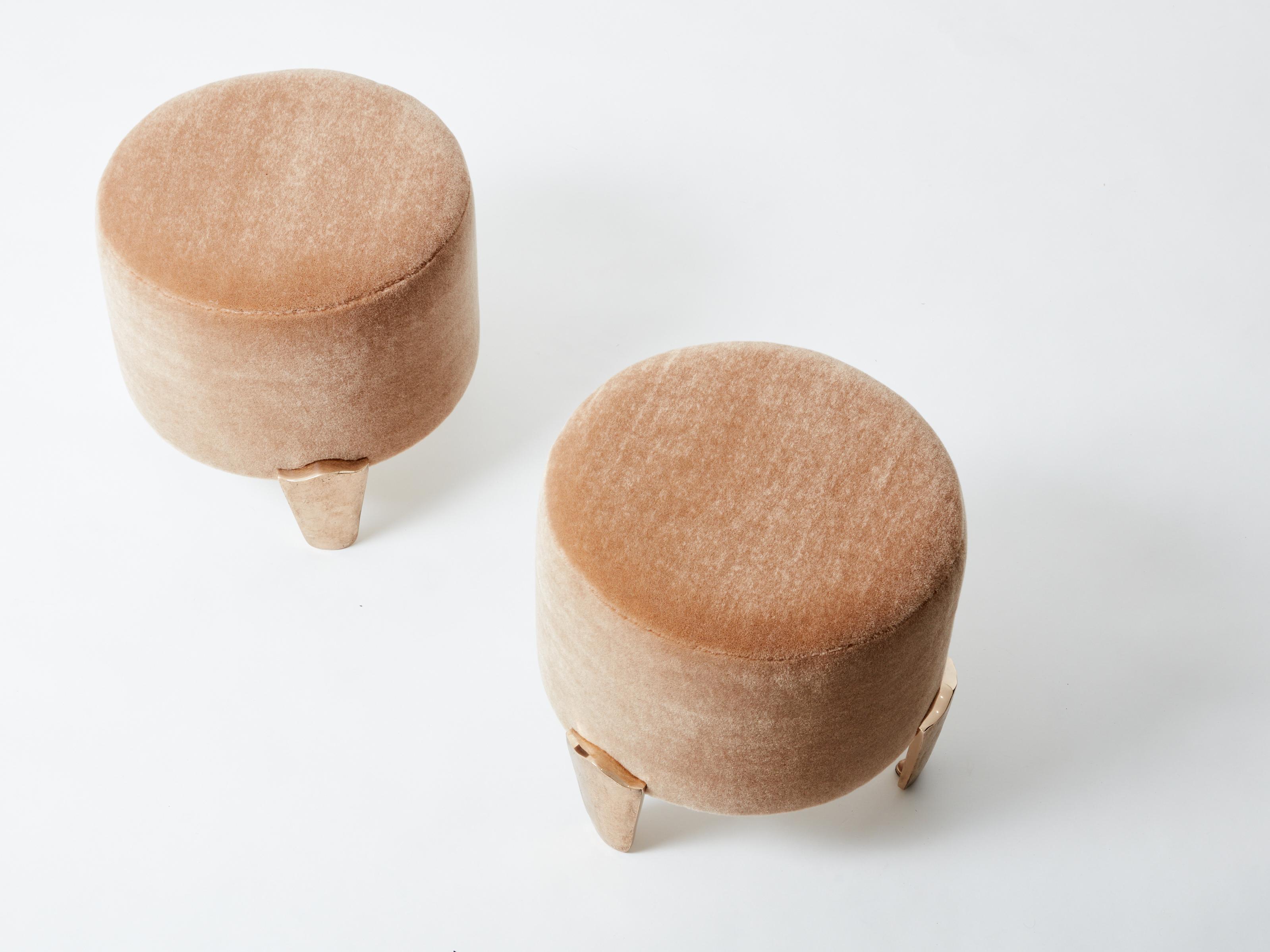 This is a beautiful pair of stools by Elizabeth Garouste & Mattia Bonetti, model Koala, with solid bronze feet, fully restored and reupholstered. Garouste & Bonetti began their collaboration and gained global recognition for their interior design of