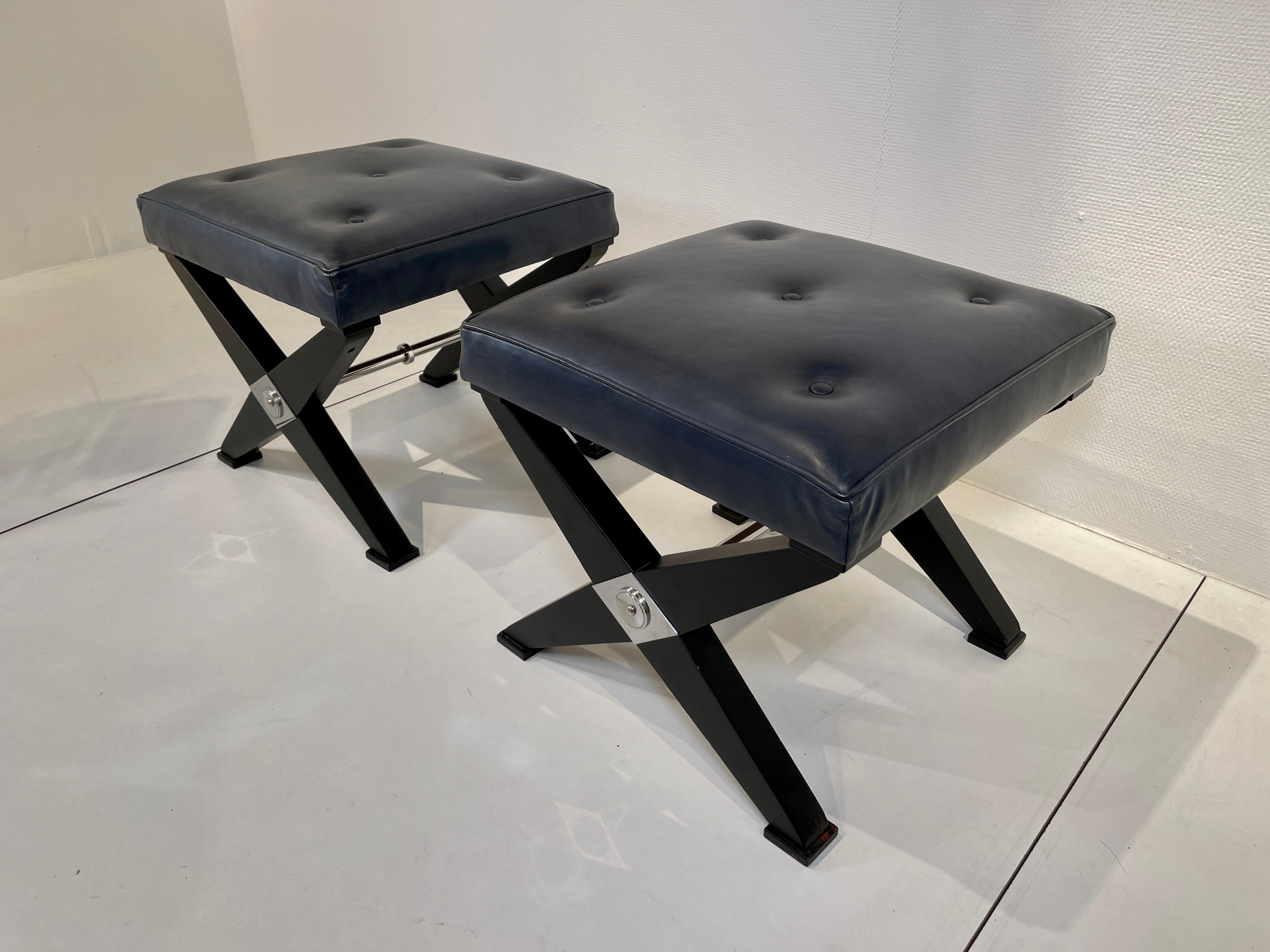 Pair of stool (footstools) full repair, new lacquered, new lining leather, and refresh metal (chrome). from France circa 1960.