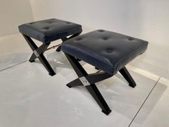 Pair of stools in black lacquered wood and blue leather