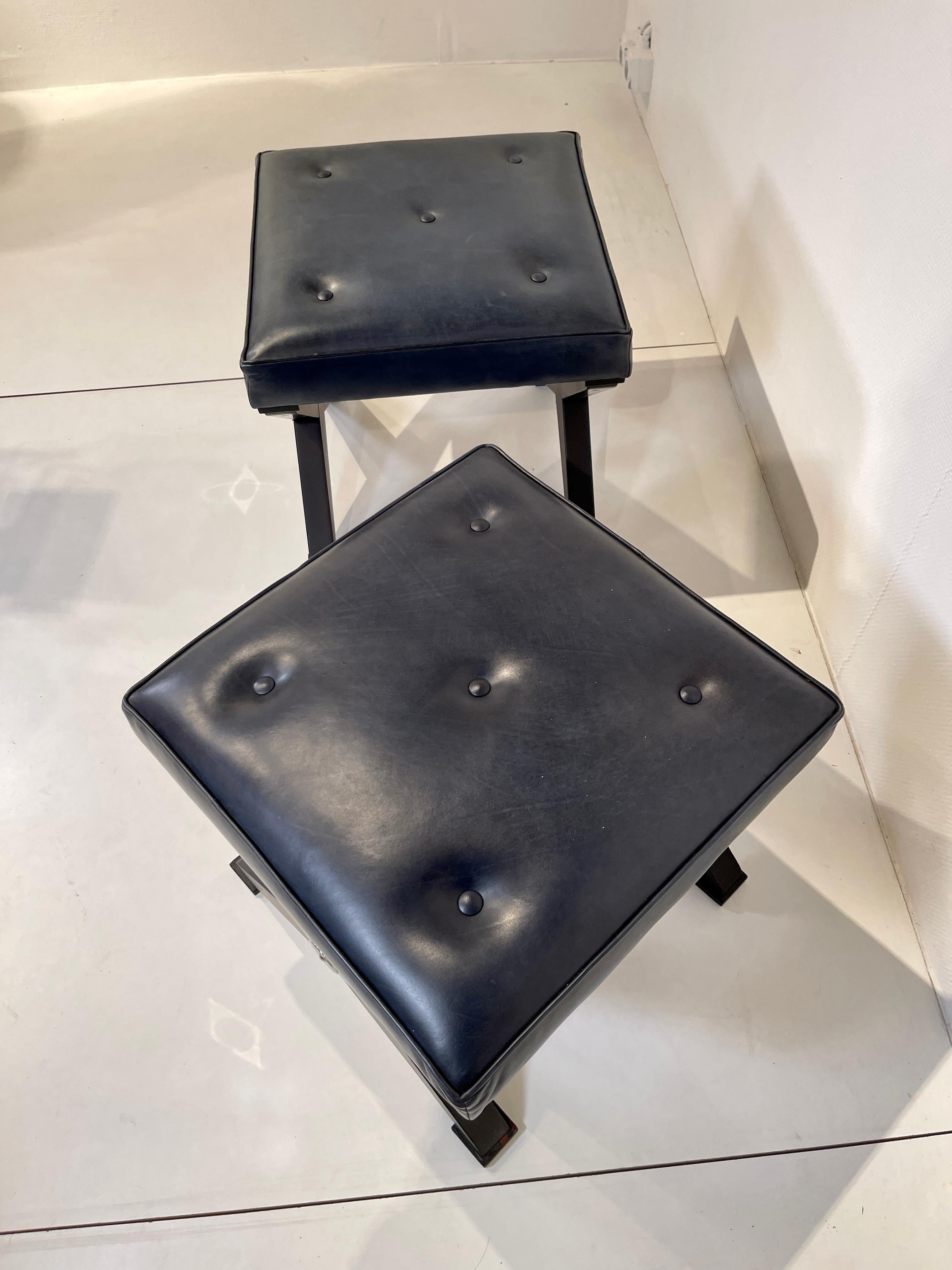 Chrome Pair of stools in black lacquered wood and blue leather For Sale