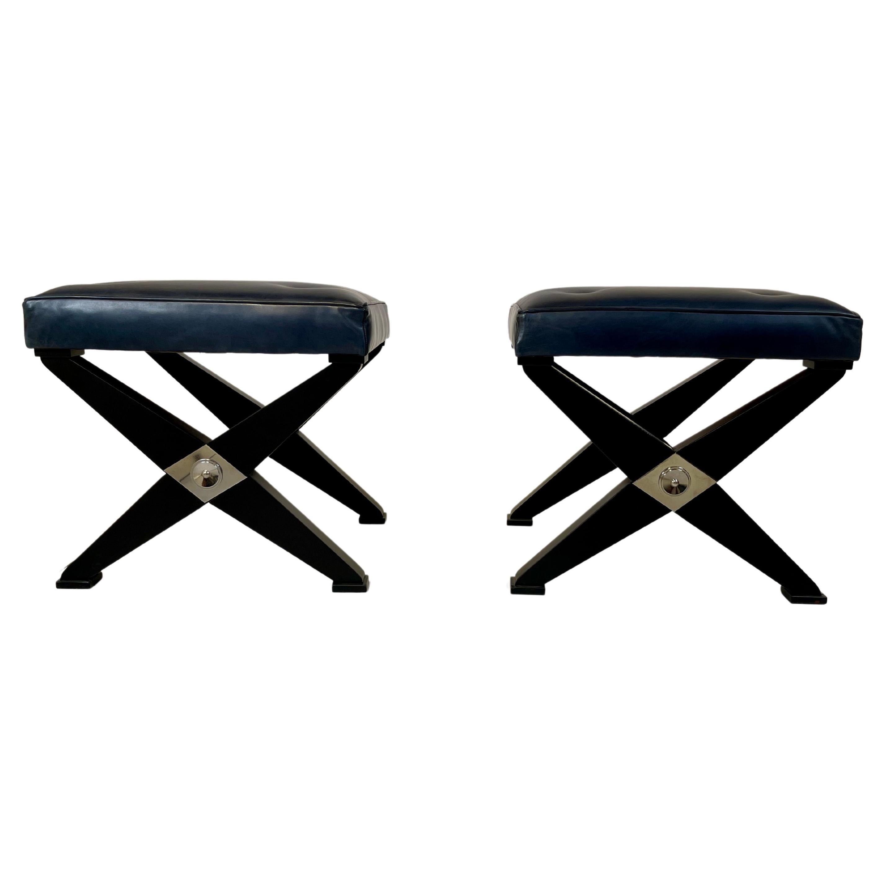 Pair of stools in black lacquered wood and blue leather For Sale