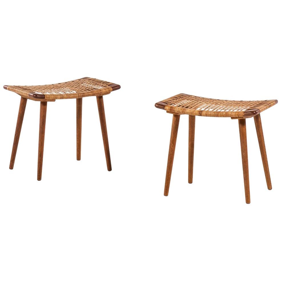 Pair of Stools in Oak and Woven Cane Produced in Denmark