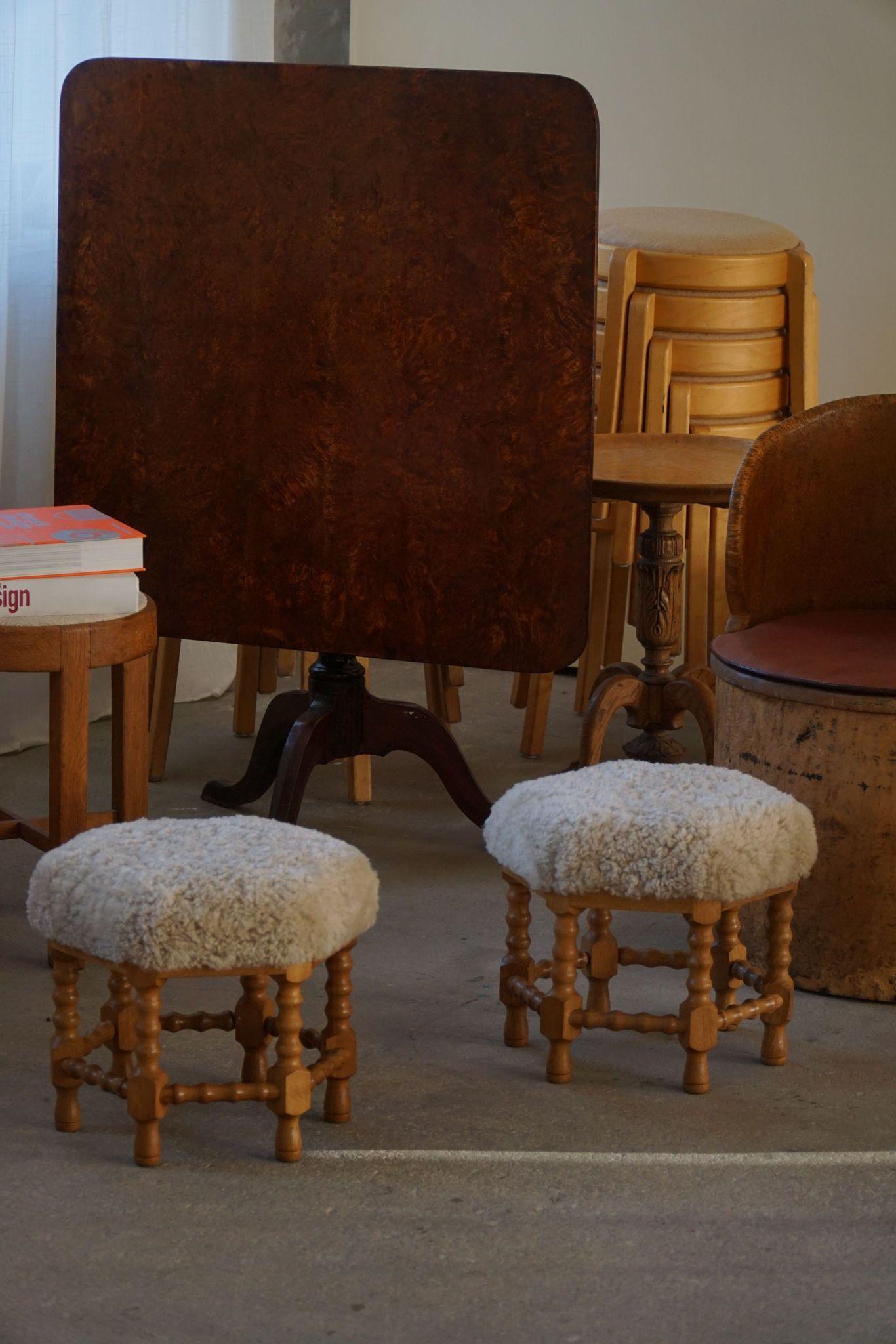 Pair of Stools in Oak, Reupholstered in Lambswool, Danish Cabinetmaker, 1950s 5