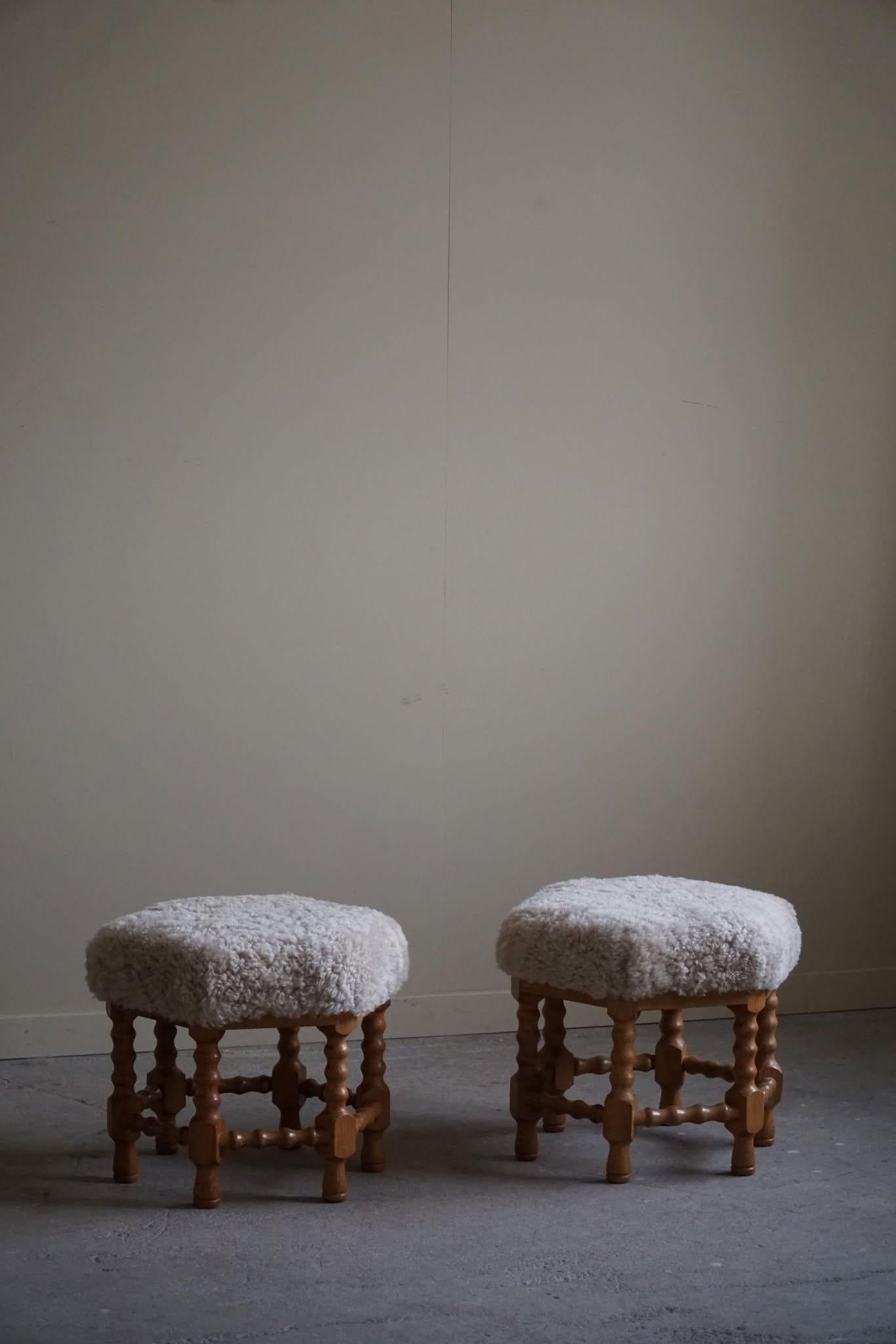 Hand-Crafted Pair of Stools in Oak, Reupholstered in Lambswool, Danish Cabinetmaker, 1950s