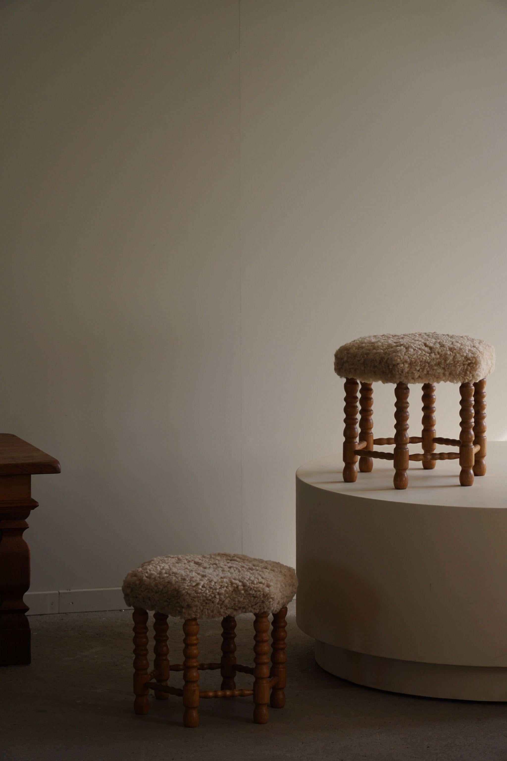 Lambskin Pair of Stools in Oak, Reupholstered in Lambswool, Danish Cabinetmaker, 1950s For Sale