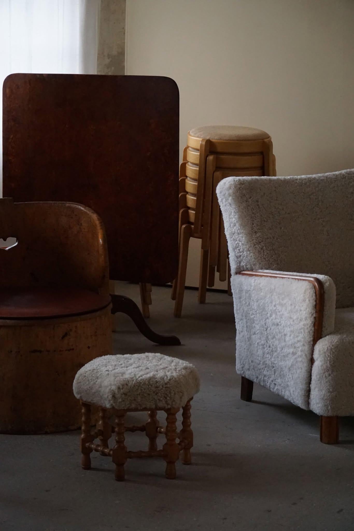 Lambskin Pair of Stools in Oak, Reupholstered in Lambswool, Danish Cabinetmaker, 1950s