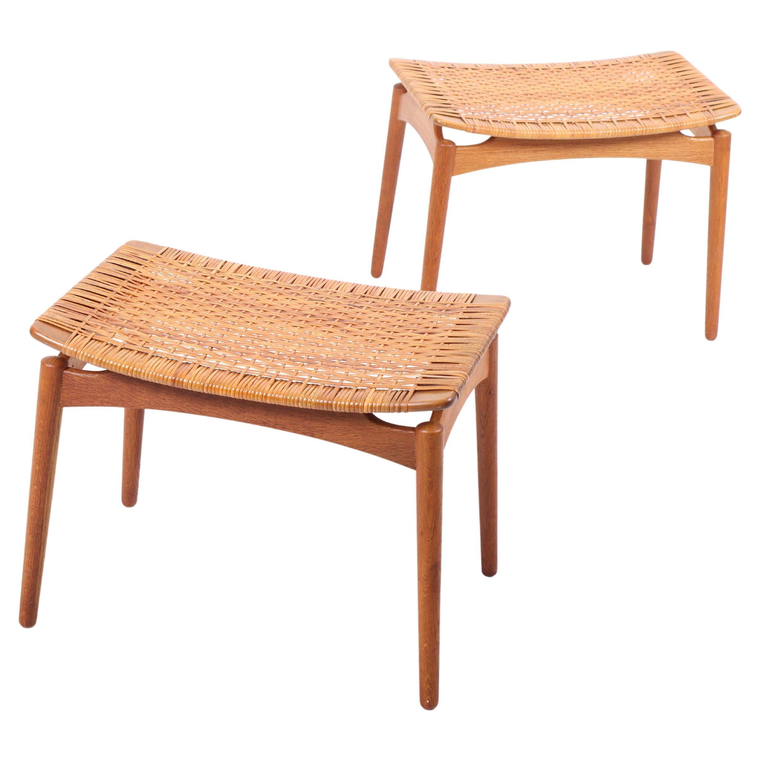 Pair of Stools in Patinated Oak and Cane, Made in Denmark 1950s