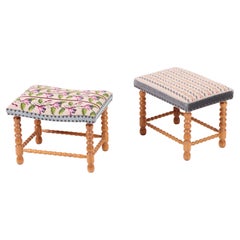 Pair of Stools in Patinated Oak and Fabric, Made in Denmark, 1950s
