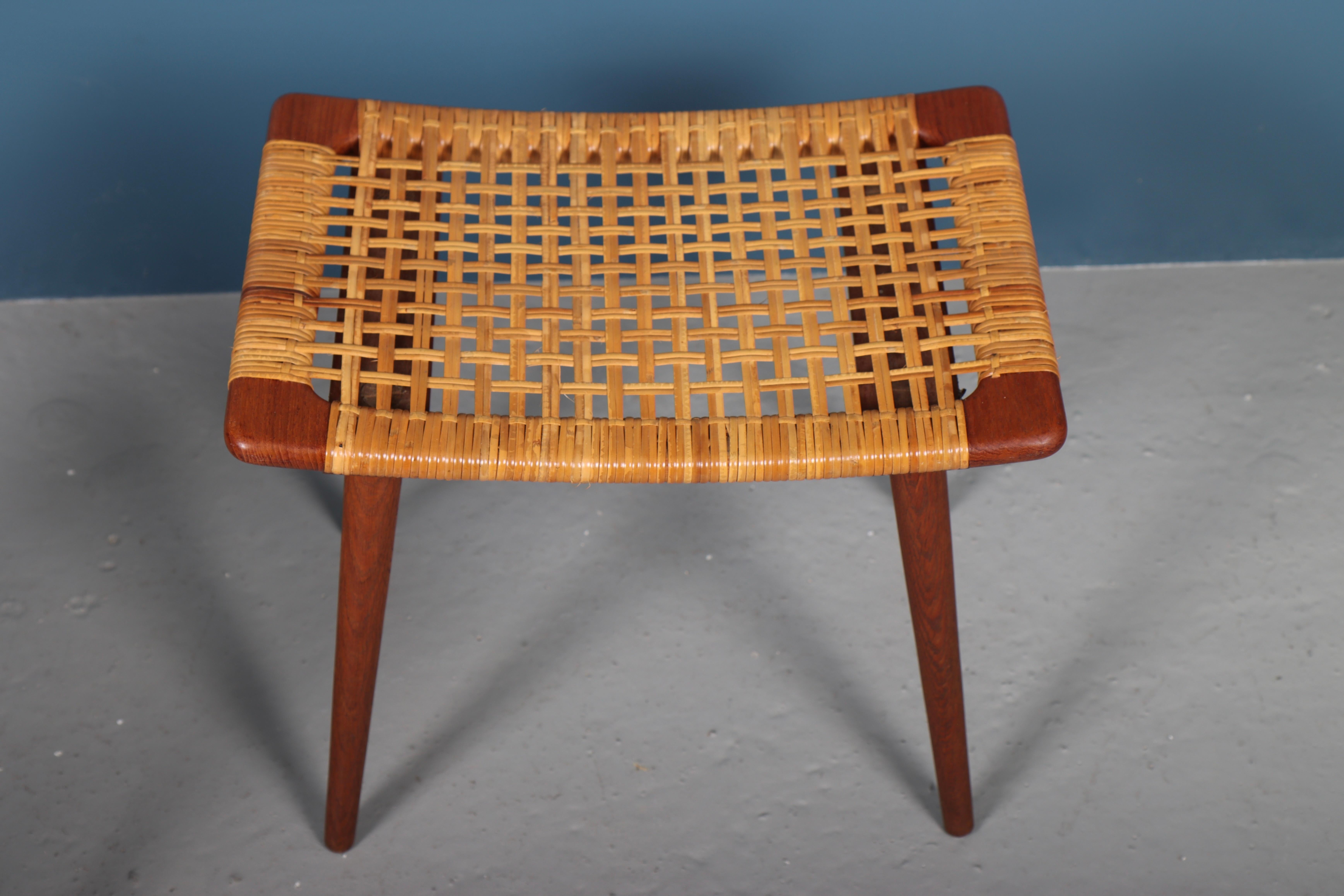 Danish Pair of Stools in Patinated Teak and Cane, Made in Denmark, 1950s