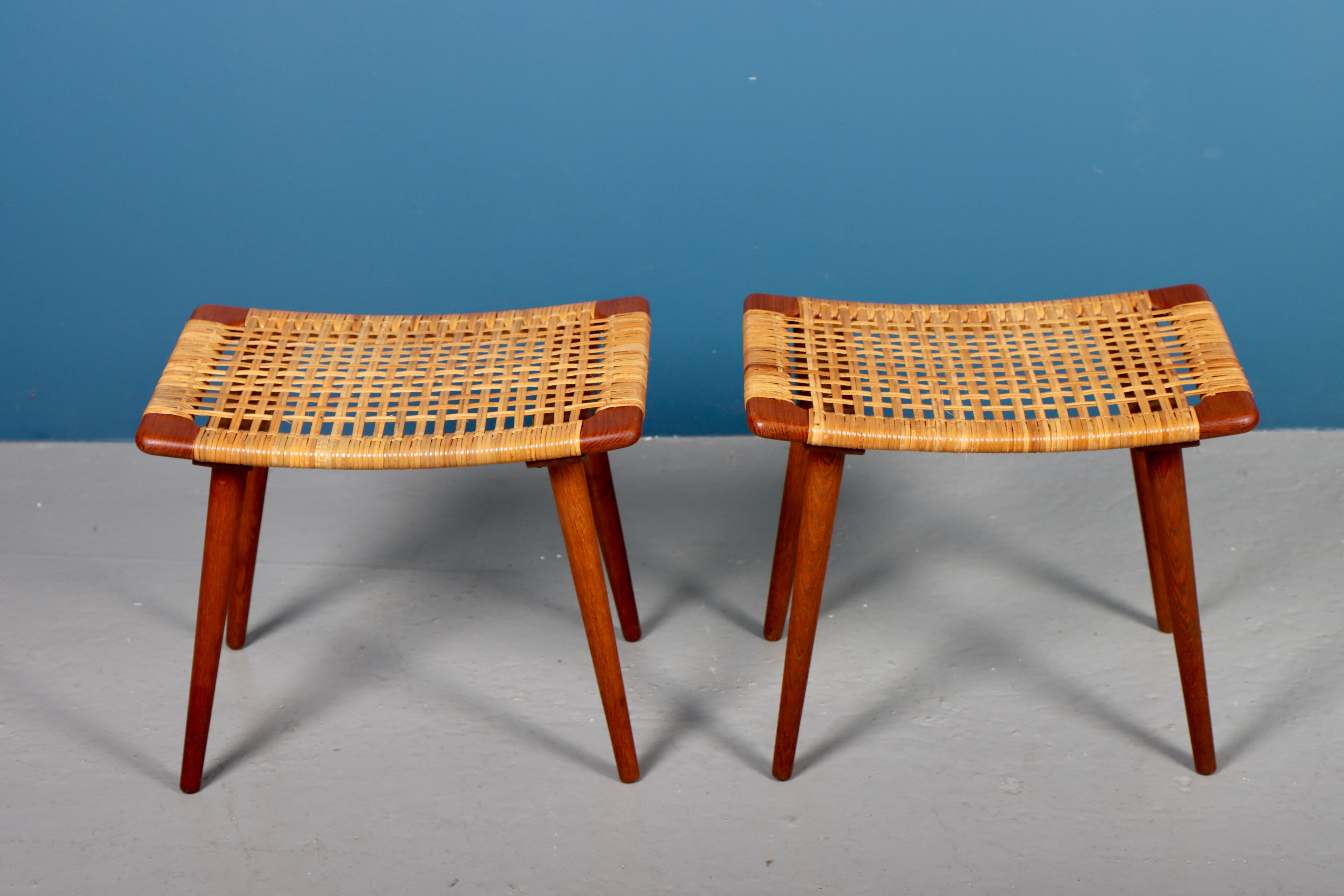 Mid-20th Century Pair of Stools in Patinated Teak and Cane, Made in Denmark, 1950s