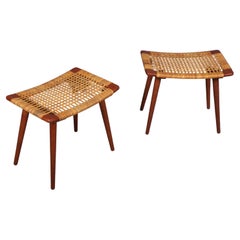 Pair of Stools in Patinated Teak and Cane, Made in Denmark, 1950s
