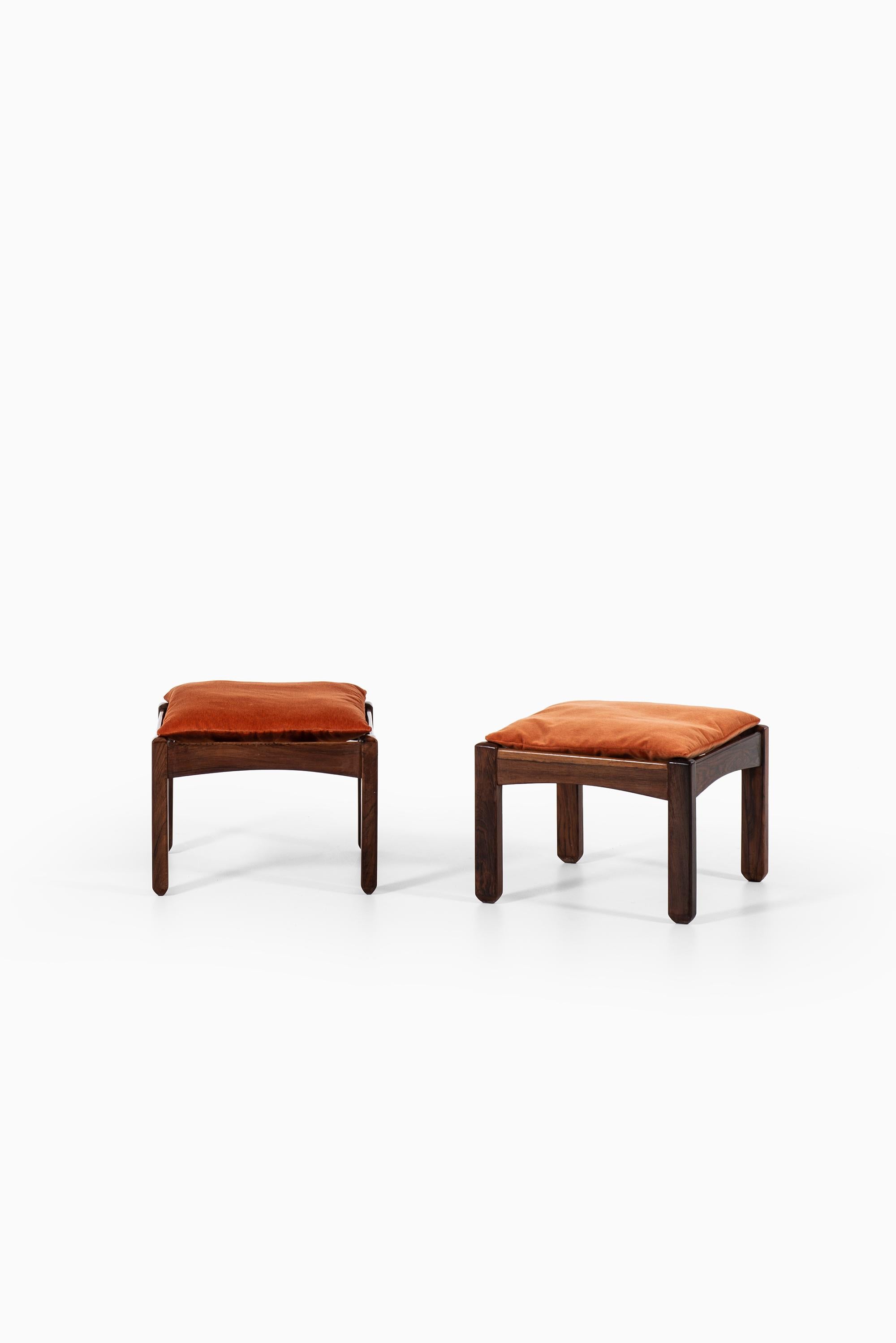 Mid-20th Century Pair of Stools in Rosewood and Velvet Probably Produced in Brazil