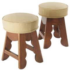 Pair of Stools in the Manner of Charles Dudouyt in Wood and Fabric, France, 1960