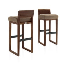 Pareja de Taburetes de Nogal Americano Macizo con Asiento Acolchado de Piel