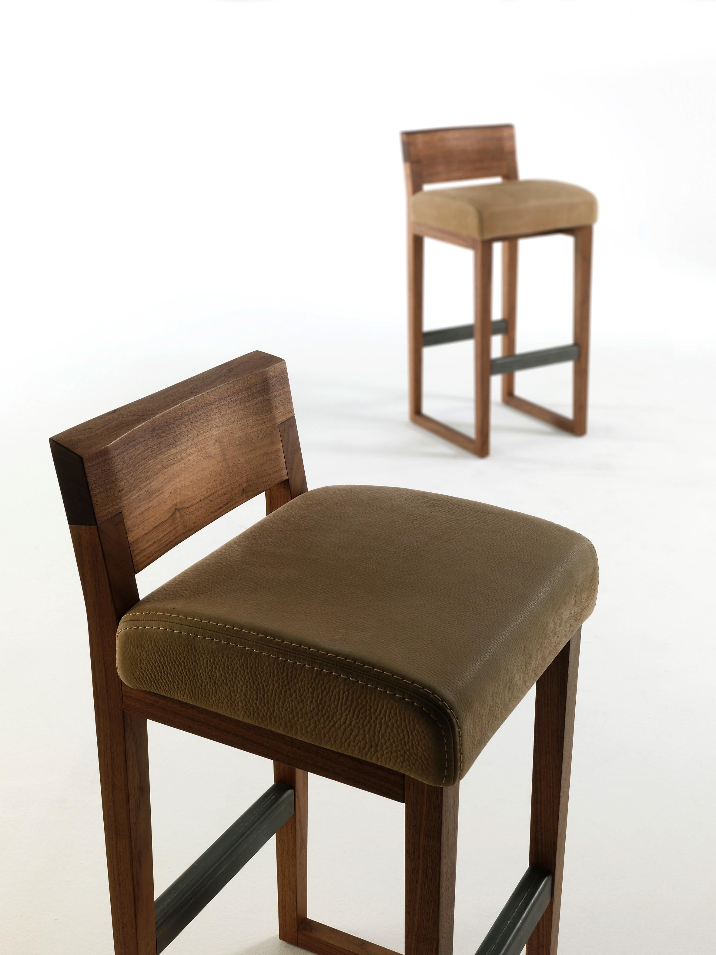 Modern Pair of Stools Made from Solid American Walnut with Padded Seat in Leather For Sale