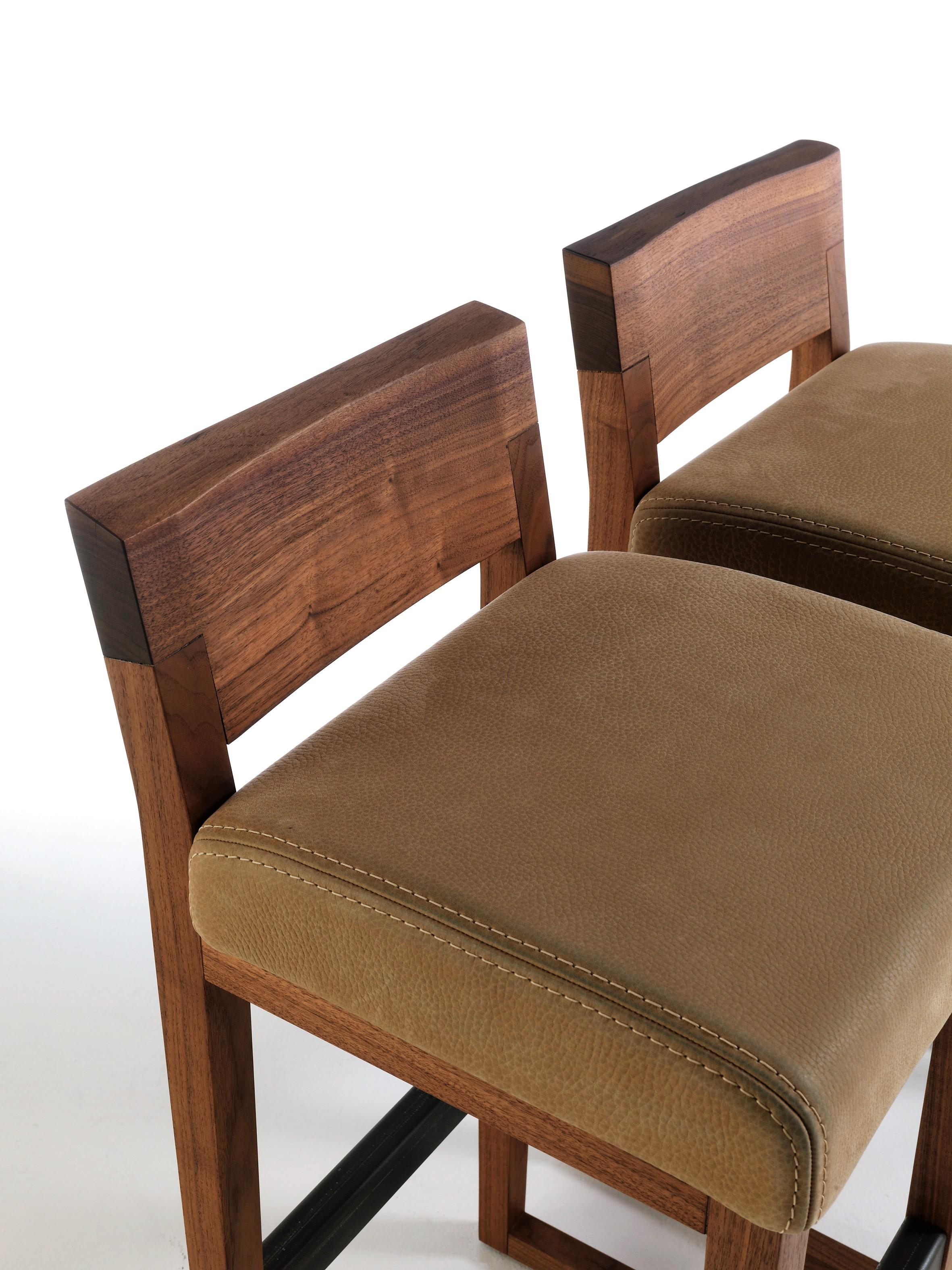 Italian Pair of Stools Made from Solid American Walnut with Padded Seat in Leather For Sale