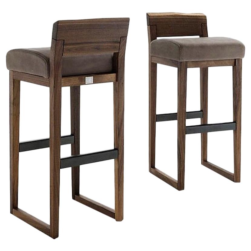 Pair of Stools Made from Solid American Walnut with Padded Seat in Leather