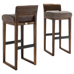 Pareja de Taburetes de Nogal Americano Macizo con Asiento Acolchado de Piel