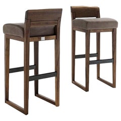 Pair of Stools Made from Solid American Walnut with Padded Seat in Leather