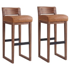 Pair of Stools Made from Solid Oak pigmented Milk White & Lacquered Bronze Iron