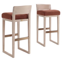 Pair of Stools Made from Solid Oak pigmented Milk White & Lacquered Bronze Iron
