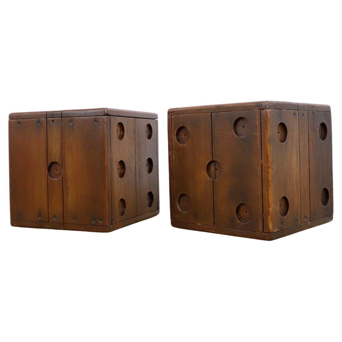 Pair of Stools Made in Wood in Dice Form