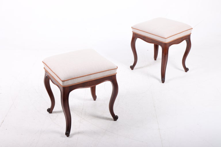 Pair of Stools Mahogany and Canvas, Made in Denmark, 1940s For Sale at
