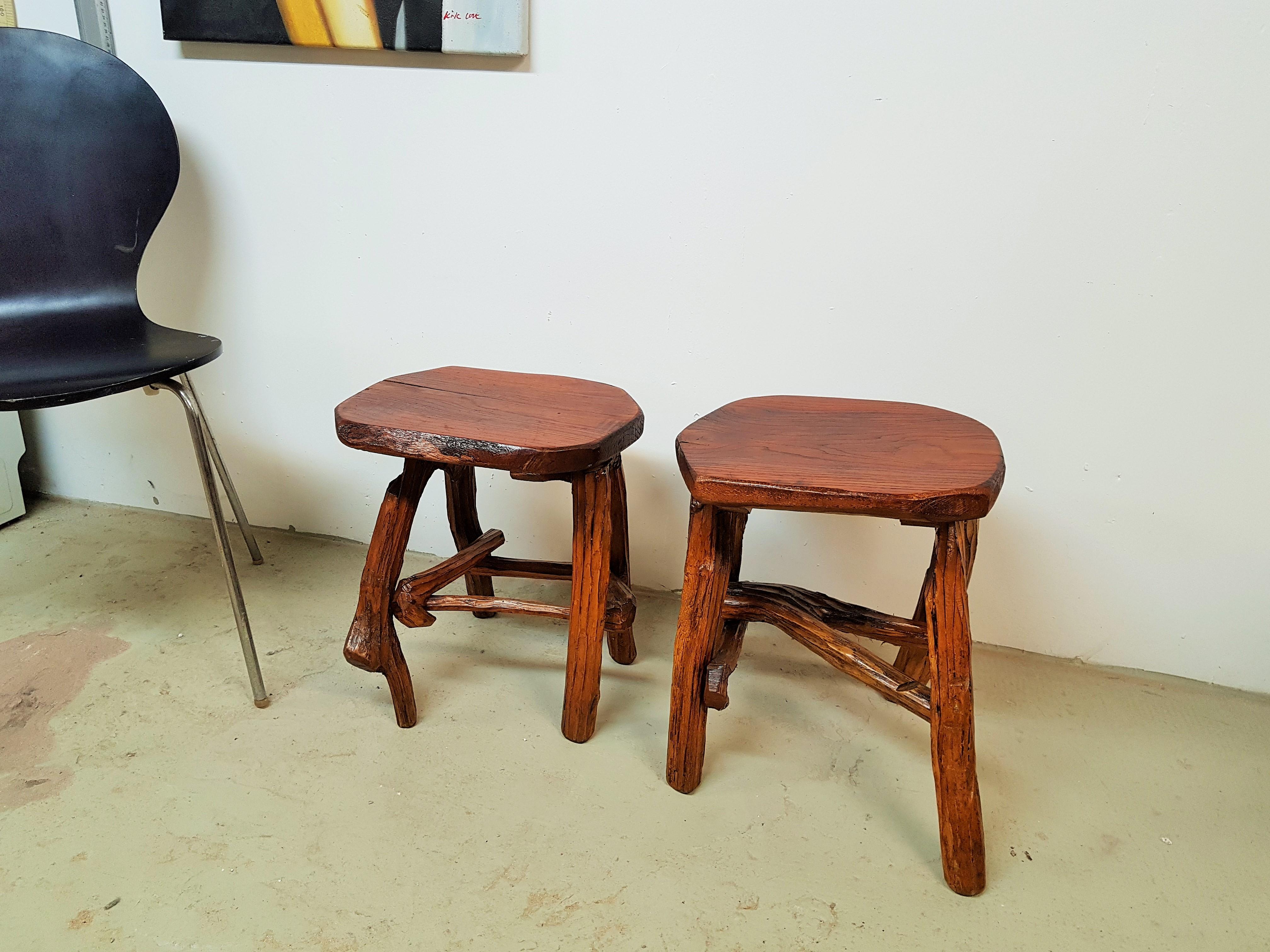 French Pair of Stools or Side Tables Primitive Rustic Brutalist, France 1960s