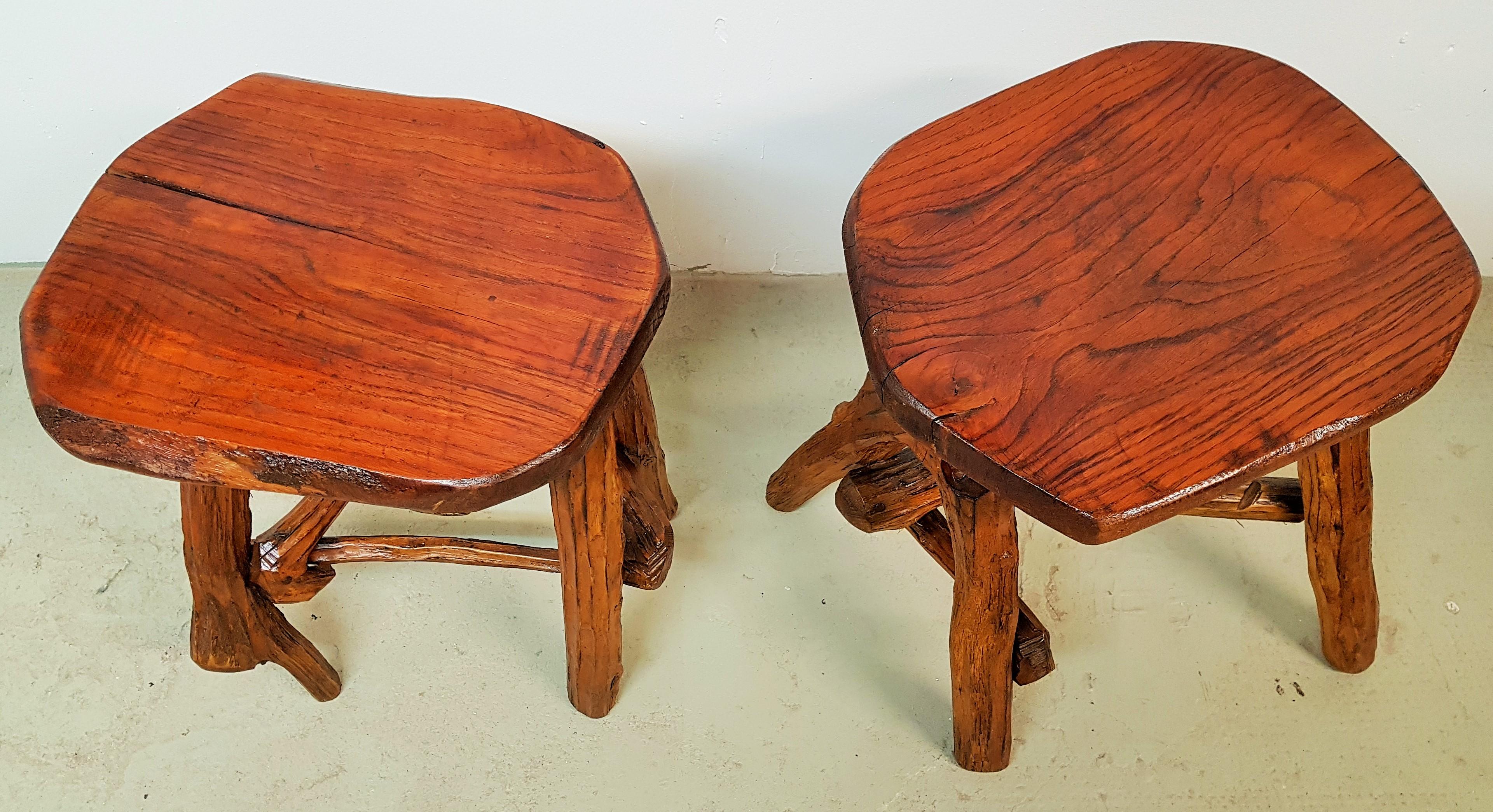 Wood Pair of Stools or Side Tables Primitive Rustic Brutalist, France 1960s