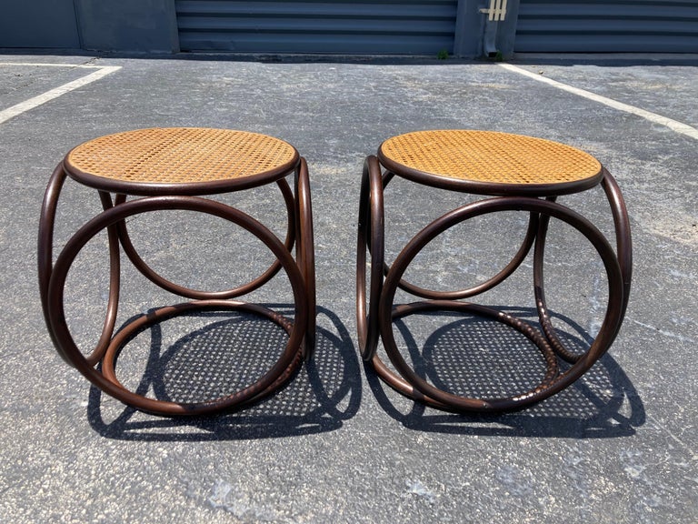 Pair of Stools, Ottomans, Side Tables, Cane and Bentwood Brown For Sale