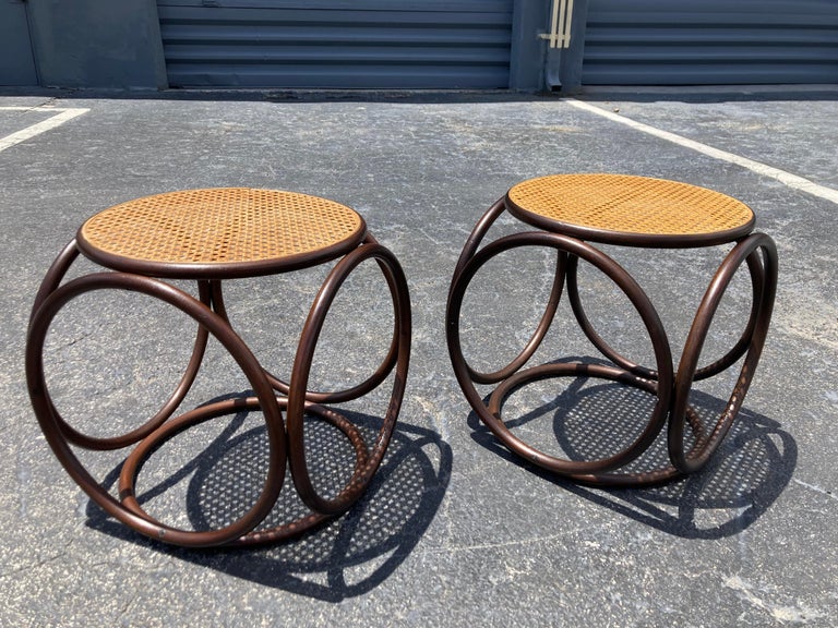 Pair of Stools, Ottomans, Side Tables, Cane and Bentwood Brown For Sale