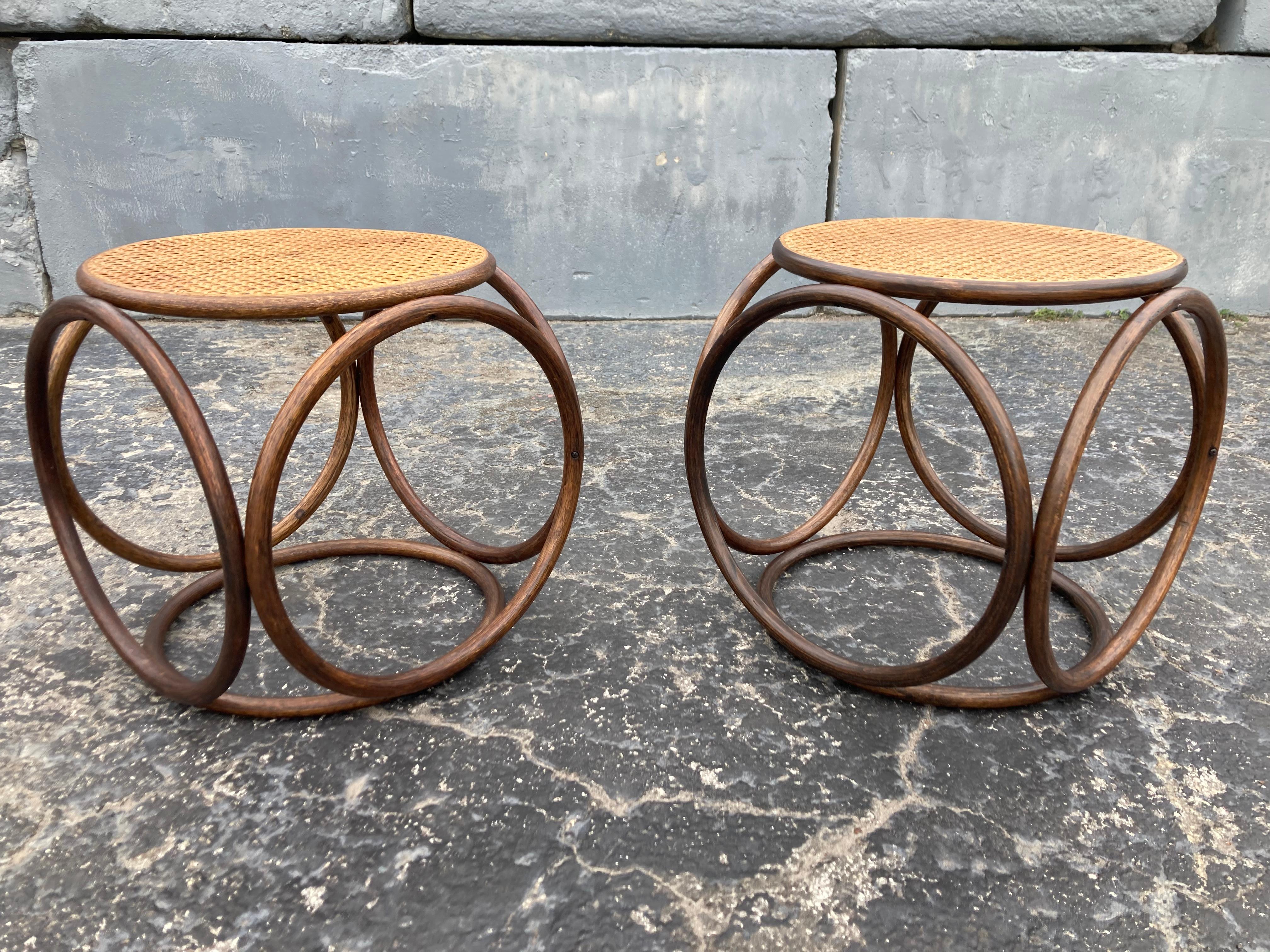 Pair of Stools, Ottomans, Side Tables, Cane and Bentwood Brown For Sale 8