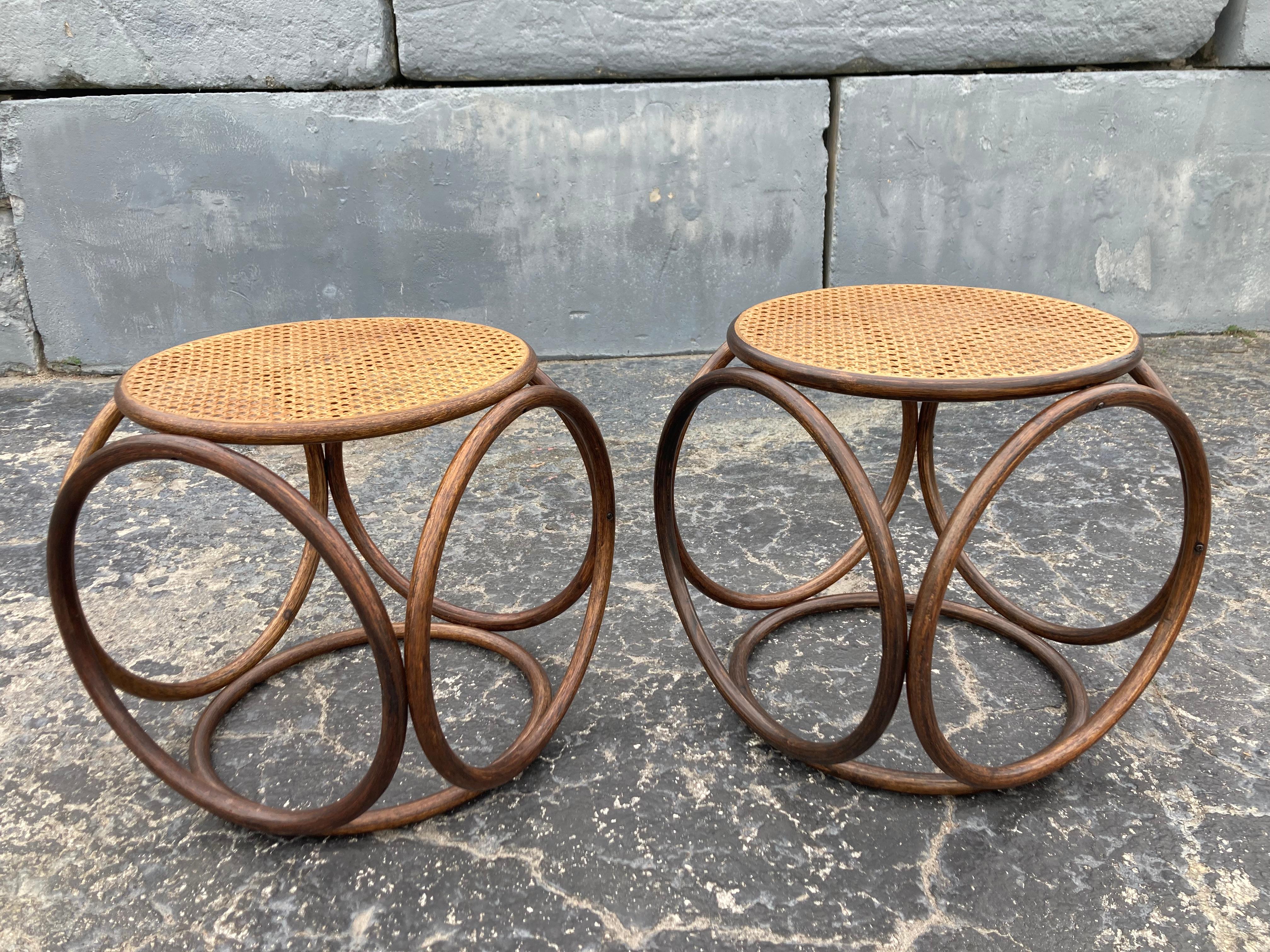 Pair of Stools, Ottomans, Side Tables, Cane and Bentwood Brown For Sale 9