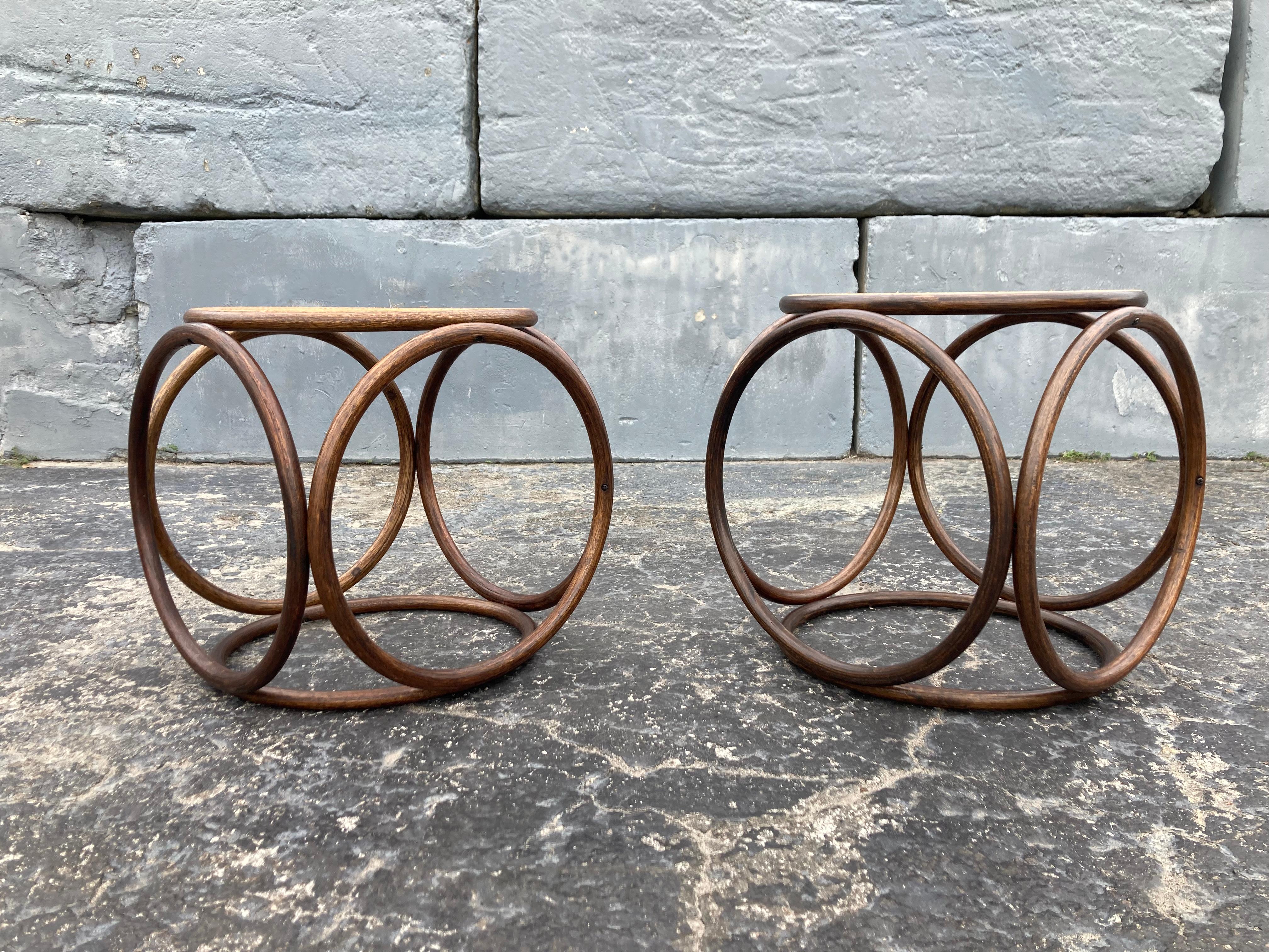 Timeless design, bentwood and cane. Great as stools or side tables. One stool is little taller than the other, please see pictures. Ready for a new home.