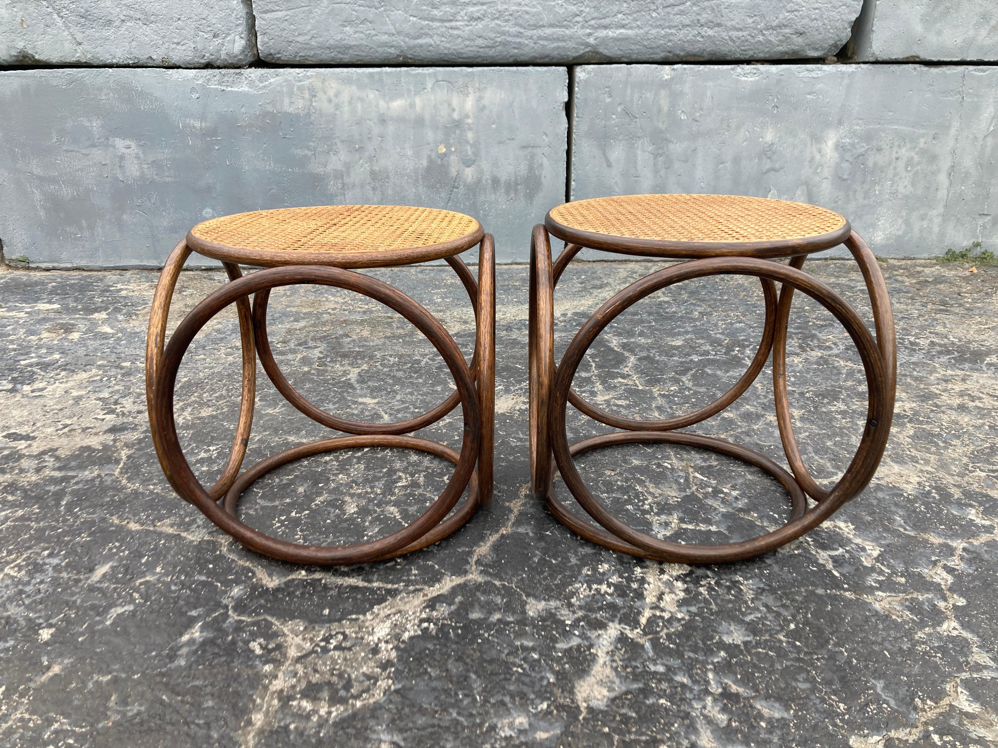 Modern Pair of Stools, Ottomans, Side Tables, Cane and Bentwood Brown For Sale