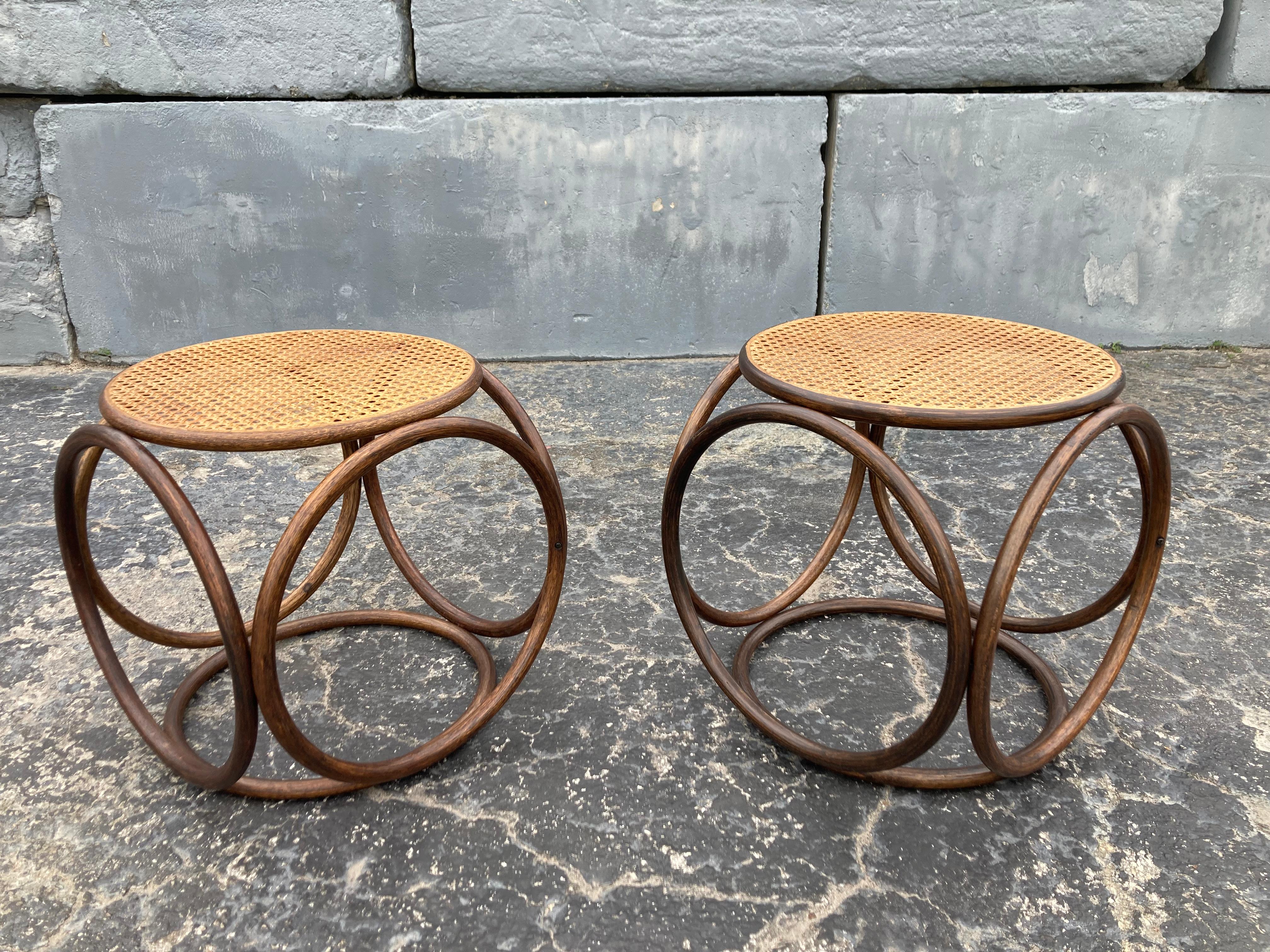 Austrian Pair of Stools, Ottomans, Side Tables, Cane and Bentwood Brown For Sale