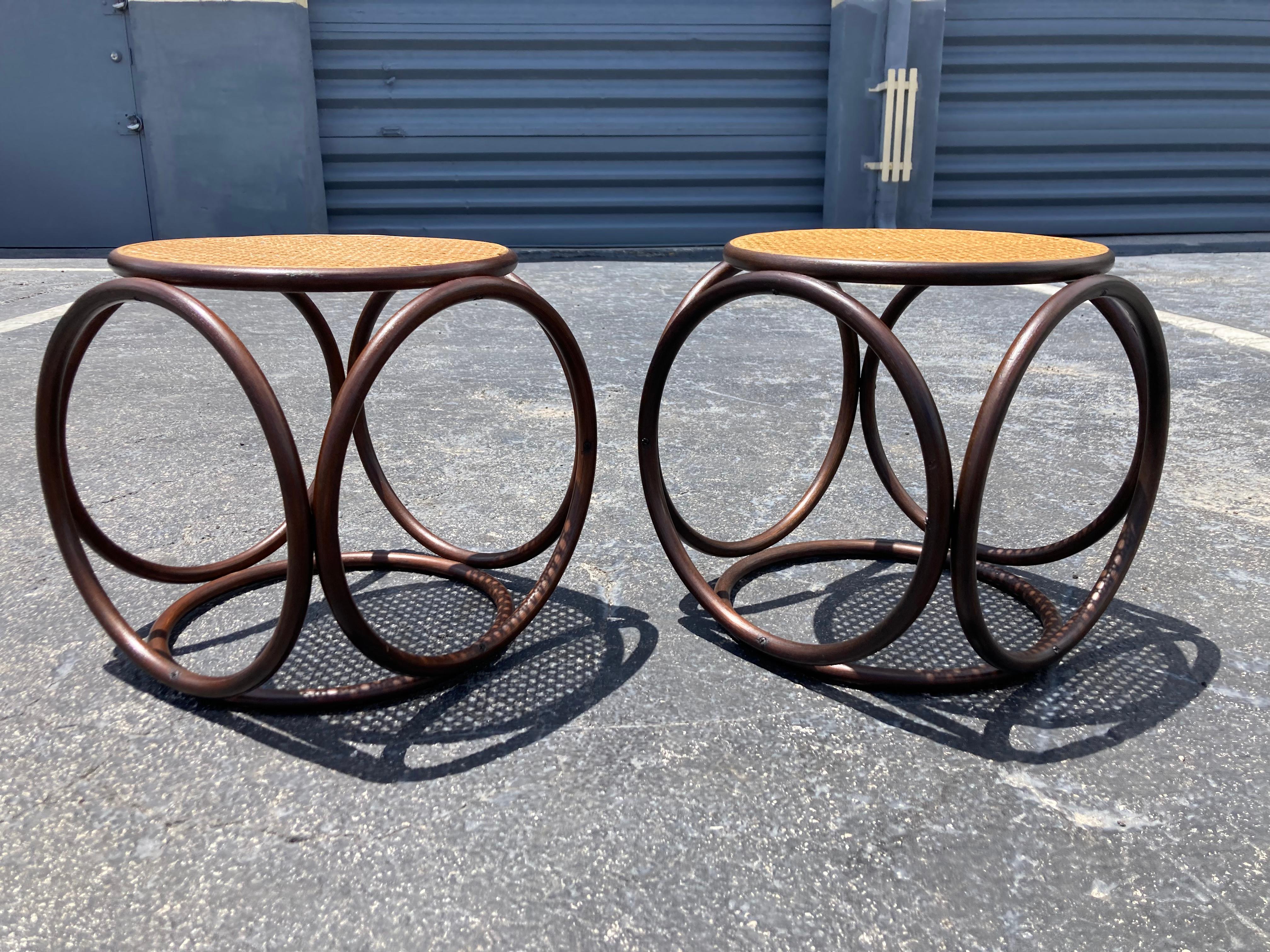 Pair of Stools, Ottomans, Side Tables, Cane and Bentwood Brown In Good Condition In Miami, FL
