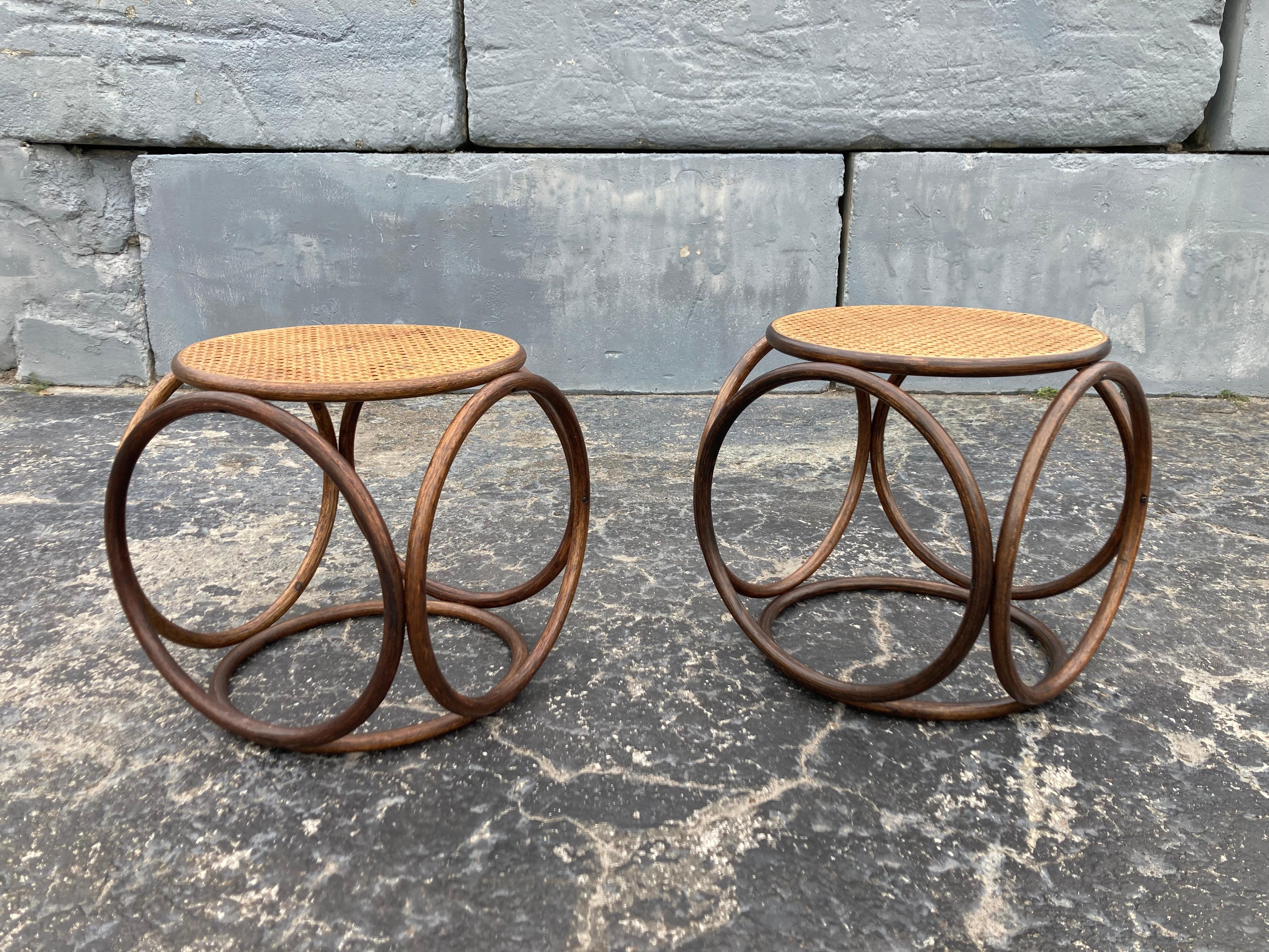 Pair of Stools, Ottomans, Side Tables, Cane and Bentwood Brown In Good Condition For Sale In Miami, FL