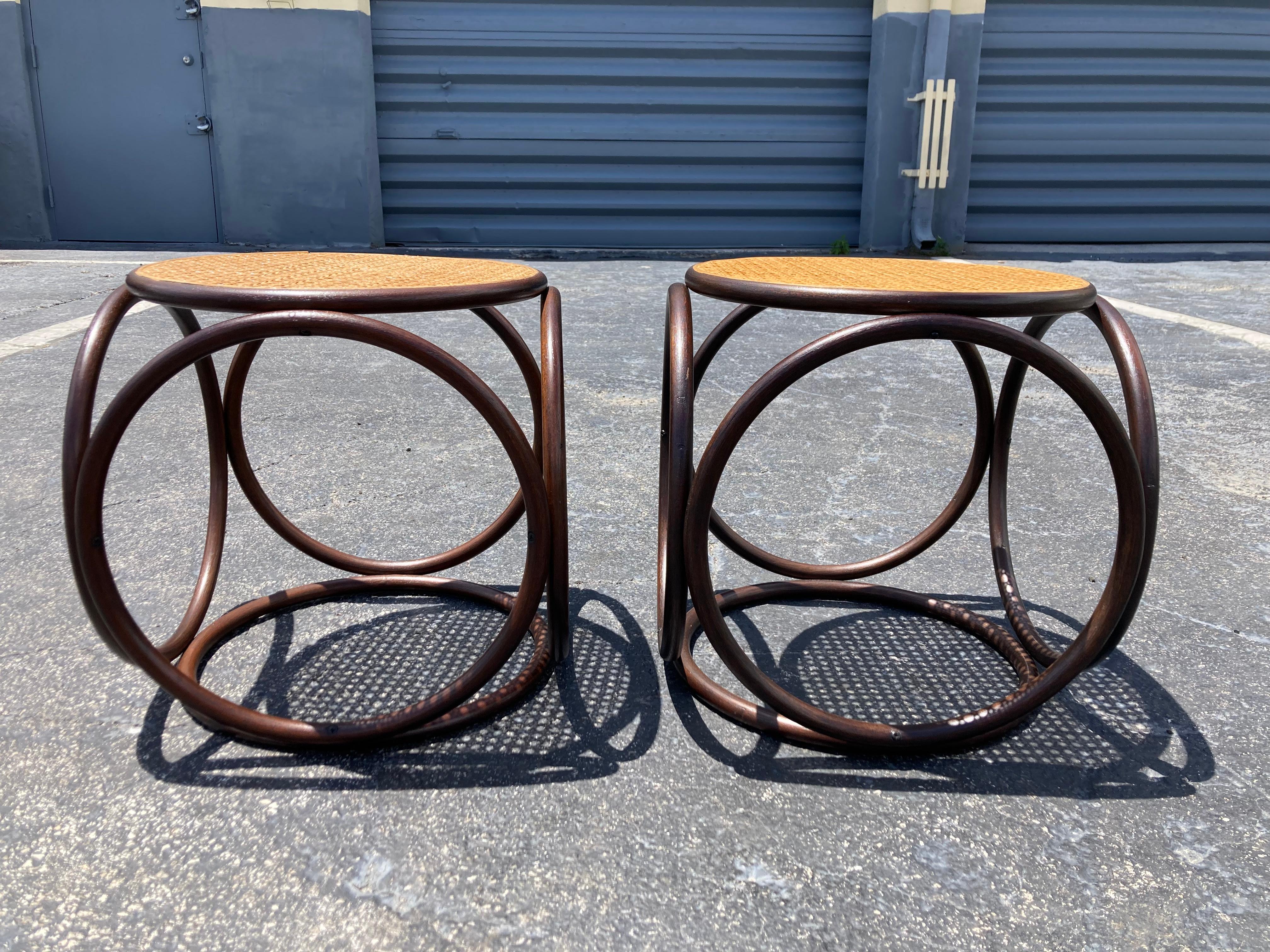 Late 20th Century Pair of Stools, Ottomans, Side Tables, Cane and Bentwood Brown