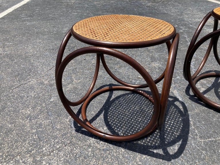 Pair of Stools, Ottomans, Side Tables, Cane and Bentwood Brown For Sale
