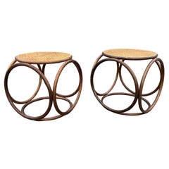 Pair of Stools, Ottomans, Side Tables, Cane and Bentwood Brown