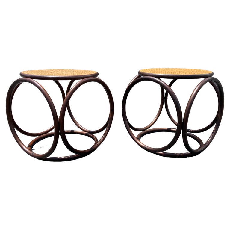 Pair of Stools, Ottomans, Side Tables, Cane and Bentwood Brown For Sale