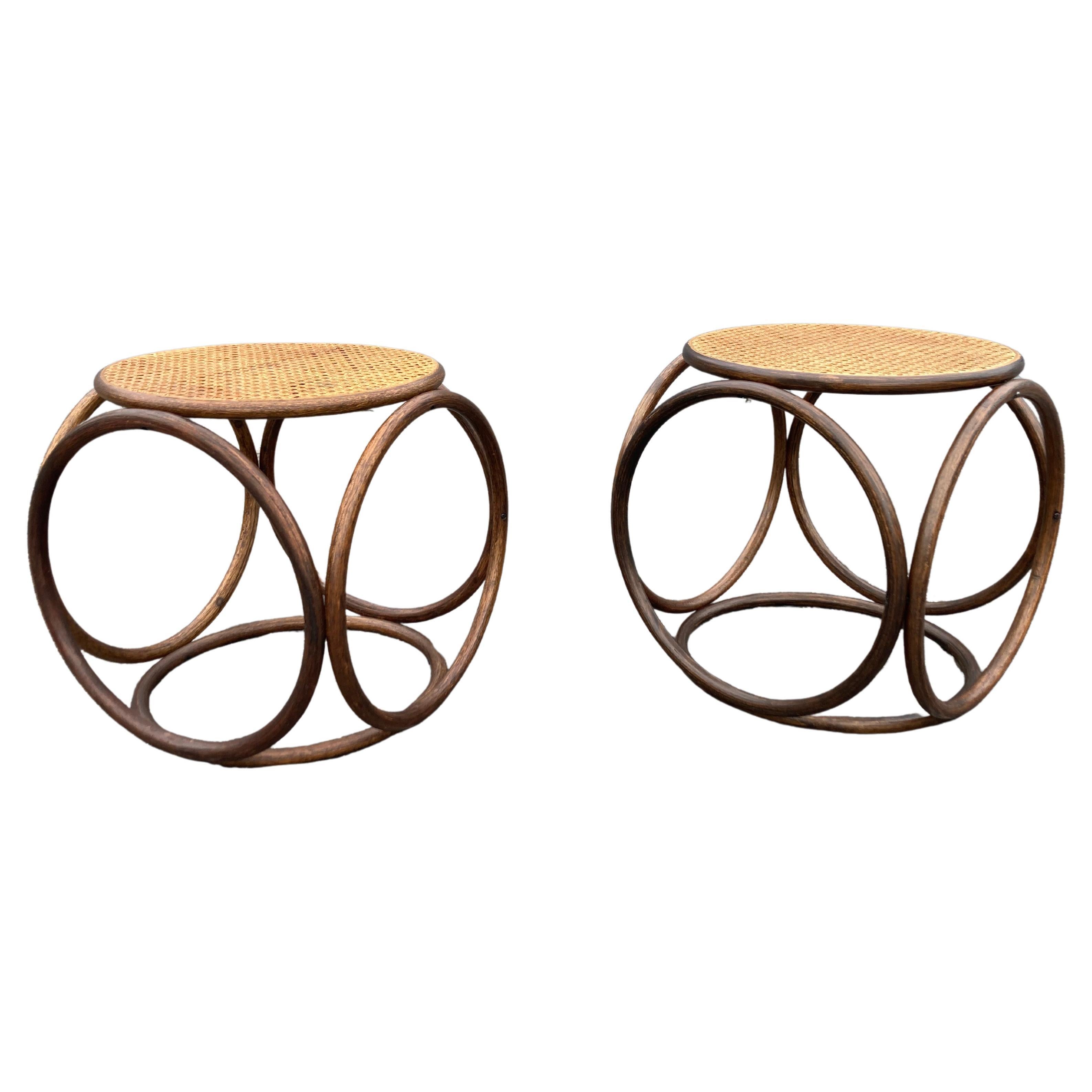 Pair of Stools, Ottomans, Side Tables, Cane and Bentwood Brown For Sale
