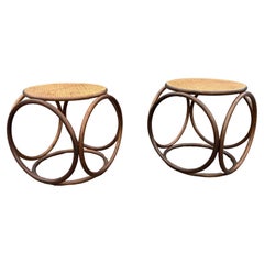 Retro Pair of Stools, Ottomans, Side Tables, Cane and Bentwood Brown