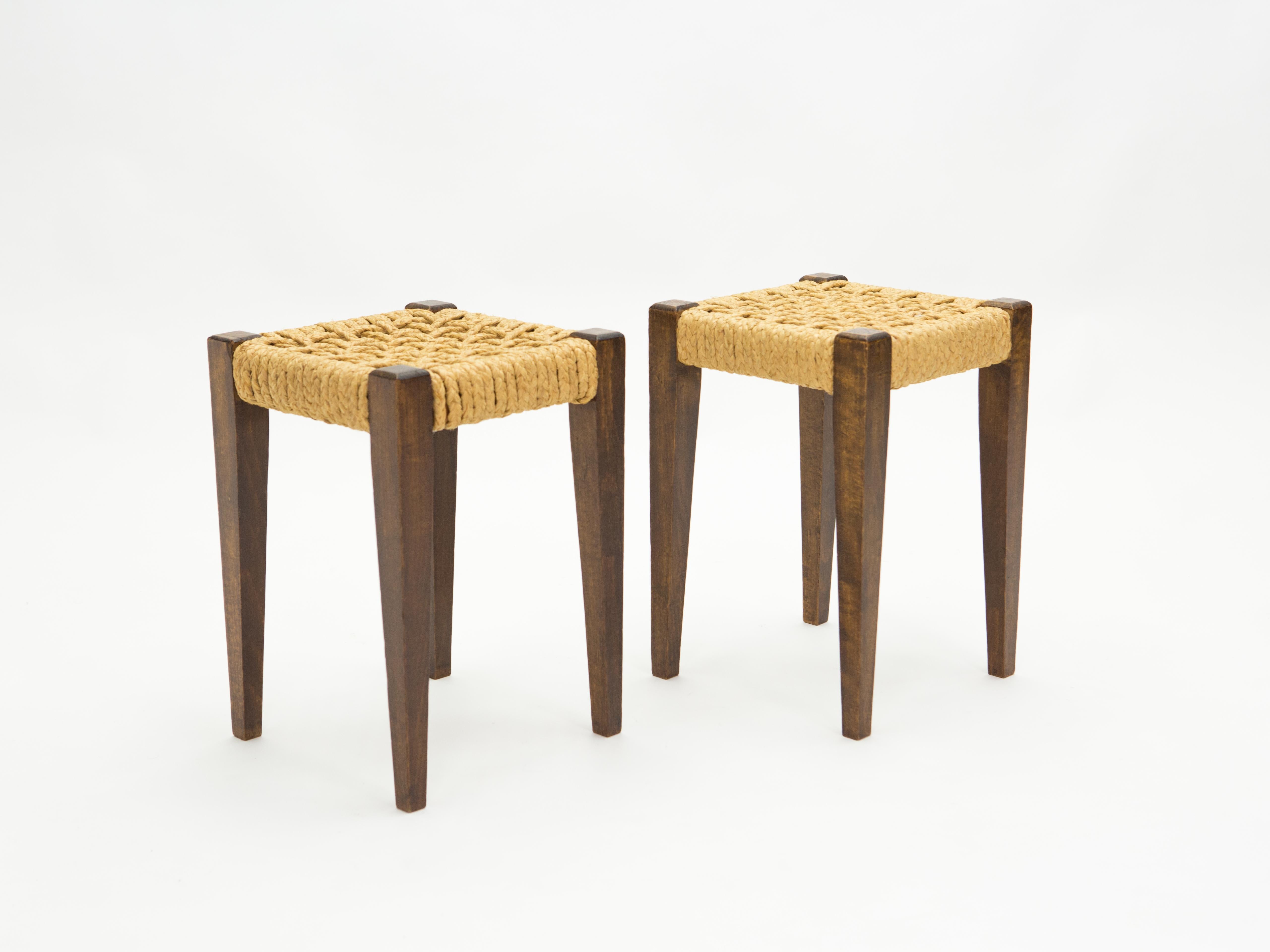 Pair of Stools Rope and Oakwood by Audoux Minet, 1950s 6