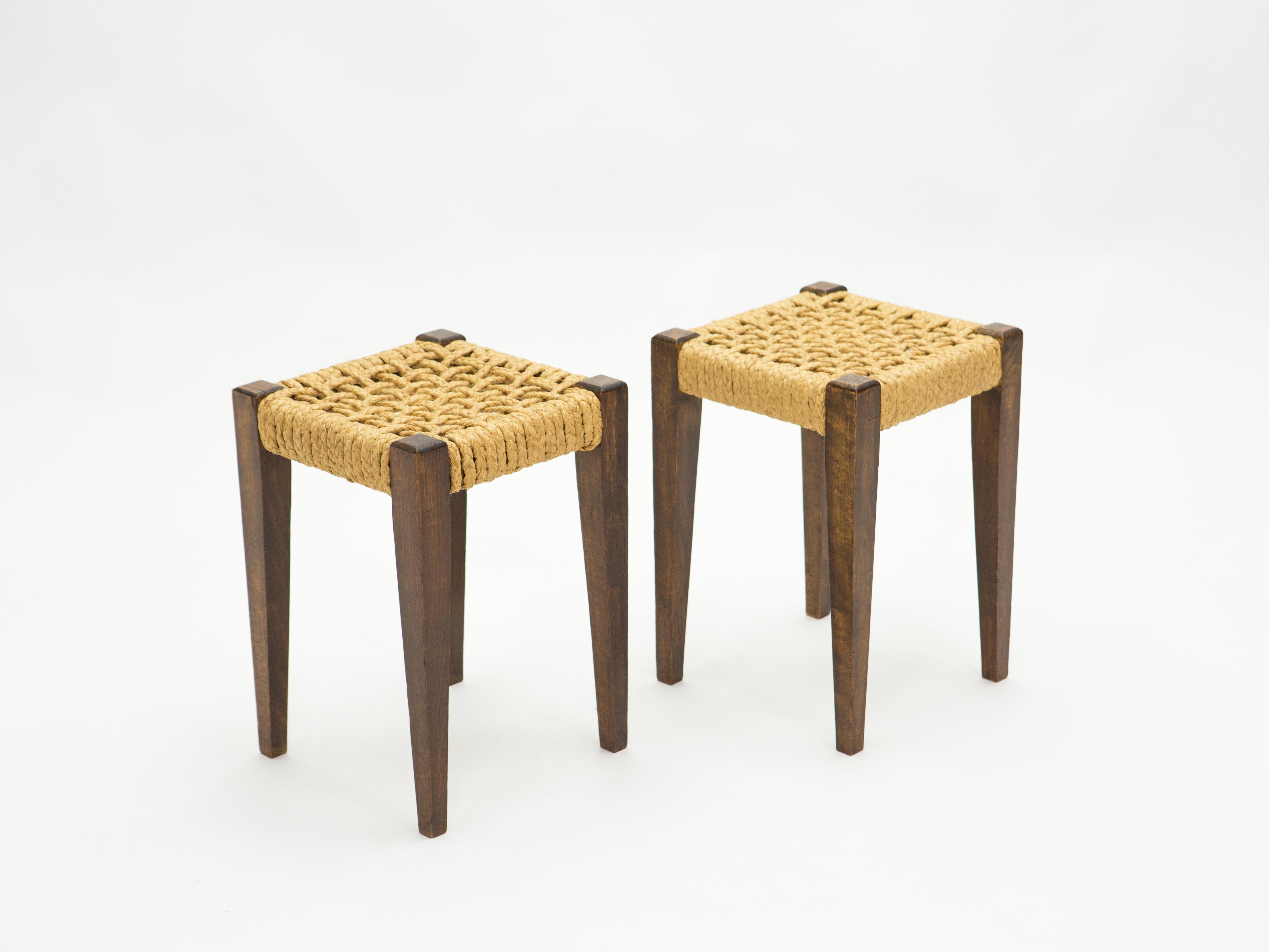 French Pair of Stools Rope and Oakwood by Audoux Minet, 1950s